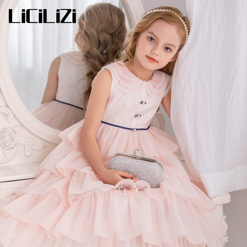 LiCiLiZi粒子女童粉色连衣裙蛋糕裙演出生日礼服裙公主蓬蓬网纱裙