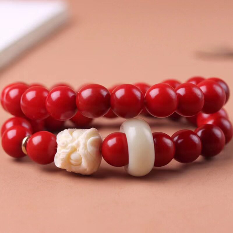 红玉菩提手串高抛搭配象牙果醒狮跑环佛珠手链佛珠念珠厂家批发