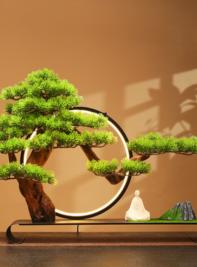 禅意仿真迎客松盆景绿植摆件 入户玄关桌面客厅酒店微景观软装饰