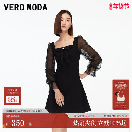 Vero Moda连衣裙2025秋季新款含棉蝴蝶结波点泡泡袖短裙325342007