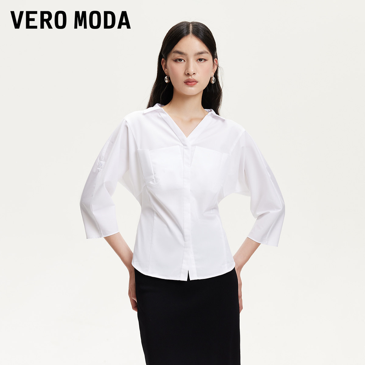Vero Moda衬衫夏季别致绝美修身白短袖法式上衣325231002 - 实物图