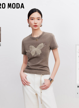 Vero ModaT恤女2026夏季新款纯棉做旧圆领蝴蝶短袖上衣326101004