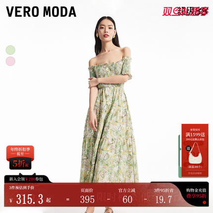 Vero Moda连衣裙秋冬印花一字领单排扣度假风长裙3243SZ001