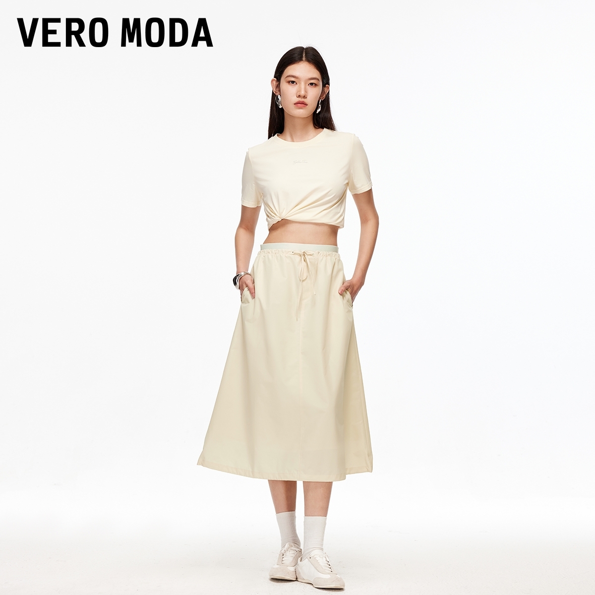 Vero Moda半身裙2025秋季新款含棉抽绳双层腰头A字裙325316013