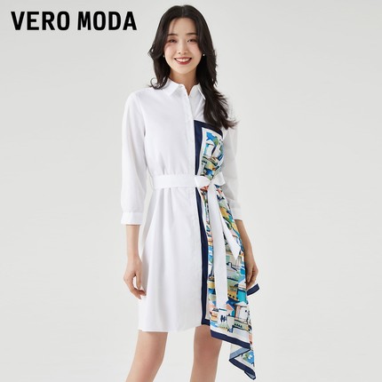 Vero Moda连衣裙2023夏季新款优雅气质衬衫裙印花丝巾拼色七分袖