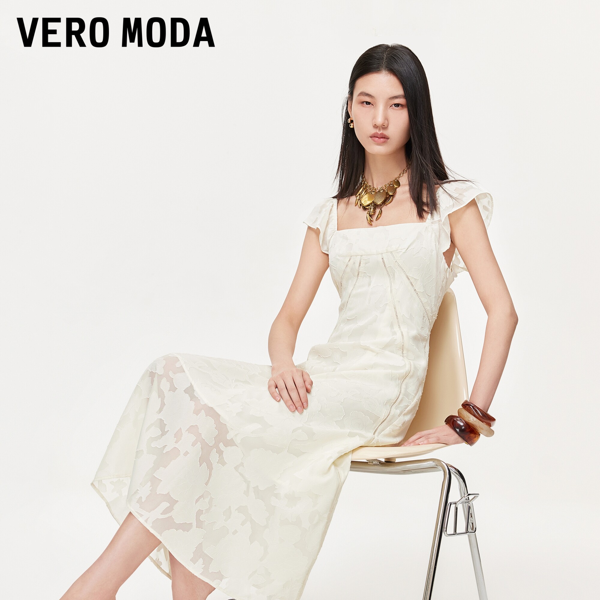 Vero Moda连衣裙2026夏季新款镂空织带提花纯色A字中长