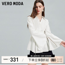 Vero Moda衬衫2024春夏新款高街时髦V领蕾丝系带束腰长袖上衣女