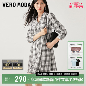 Vero Moda连衣裙2023秋冬新款七分袖复古格纹收腰A字裙短裙