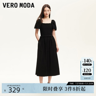 松紧拼接小黑裙325261011 Vero Moda连衣裙2025夏季 新款 方领泡泡袖