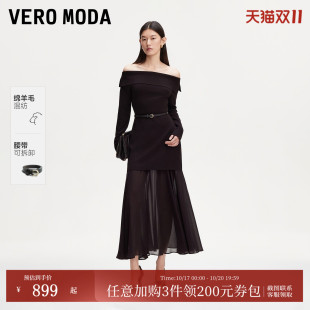 Vero Moda连衣裙2026秋冬新款含腰带搭片一字肩拼接长裙326446012