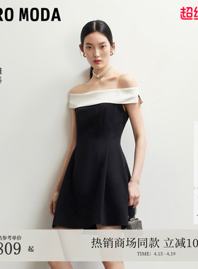 Vero Moda连衣裙2026夏季新款含醋纤撞色一字肩小黑裙32627A012