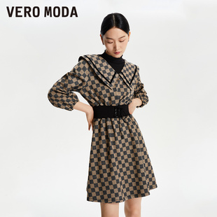 Vero 新款 收腰翻领格纹七分袖 拼接325461005 Moda连衣裙2026春季