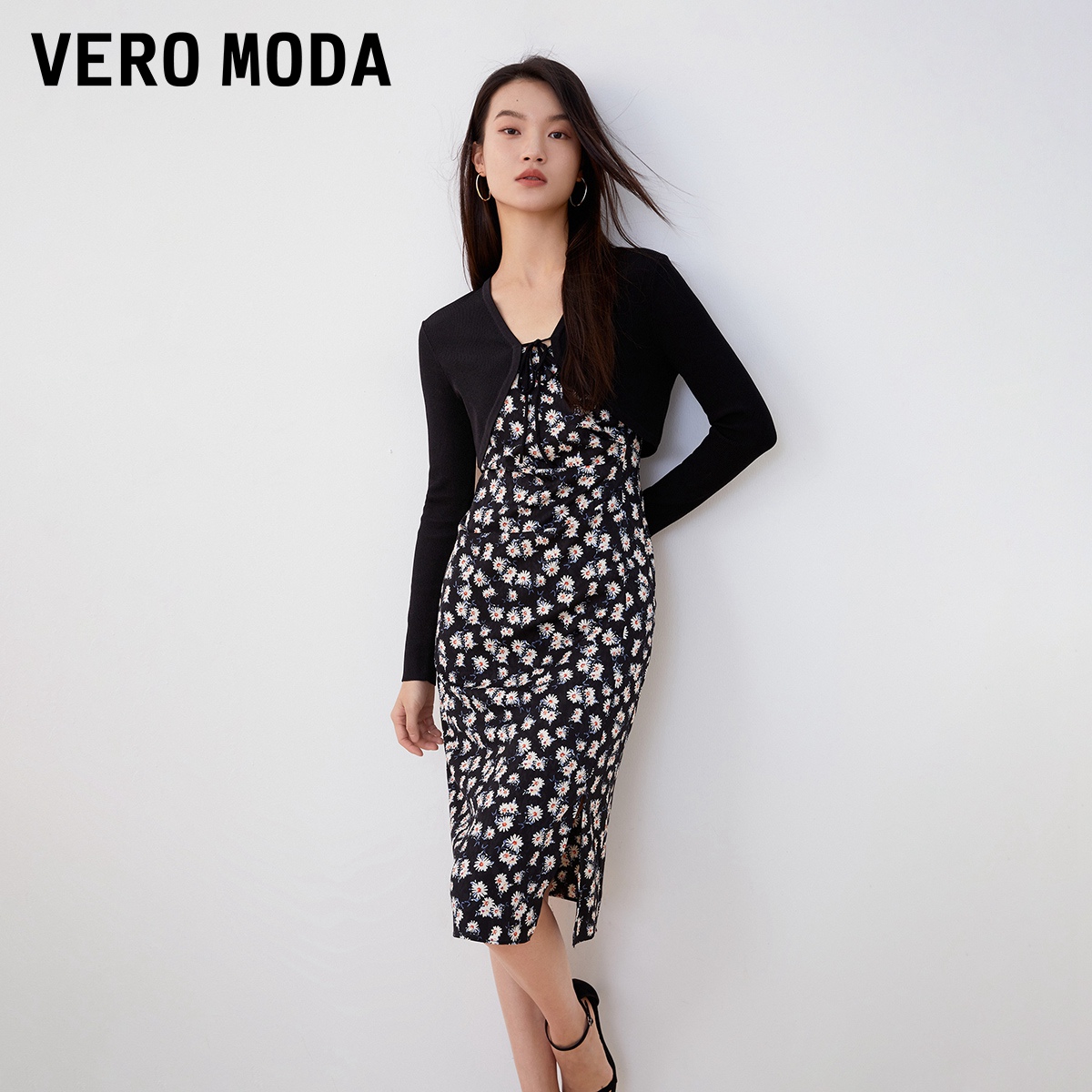 Vero Moda连衣裙针织衫套装2023秋冬新款雪纺吊带短裙长袖针织女