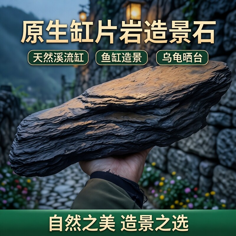天然溪流片石绿片石片岩鱼缸石头造景石原生溪流缸造景乌龟晒台石图片