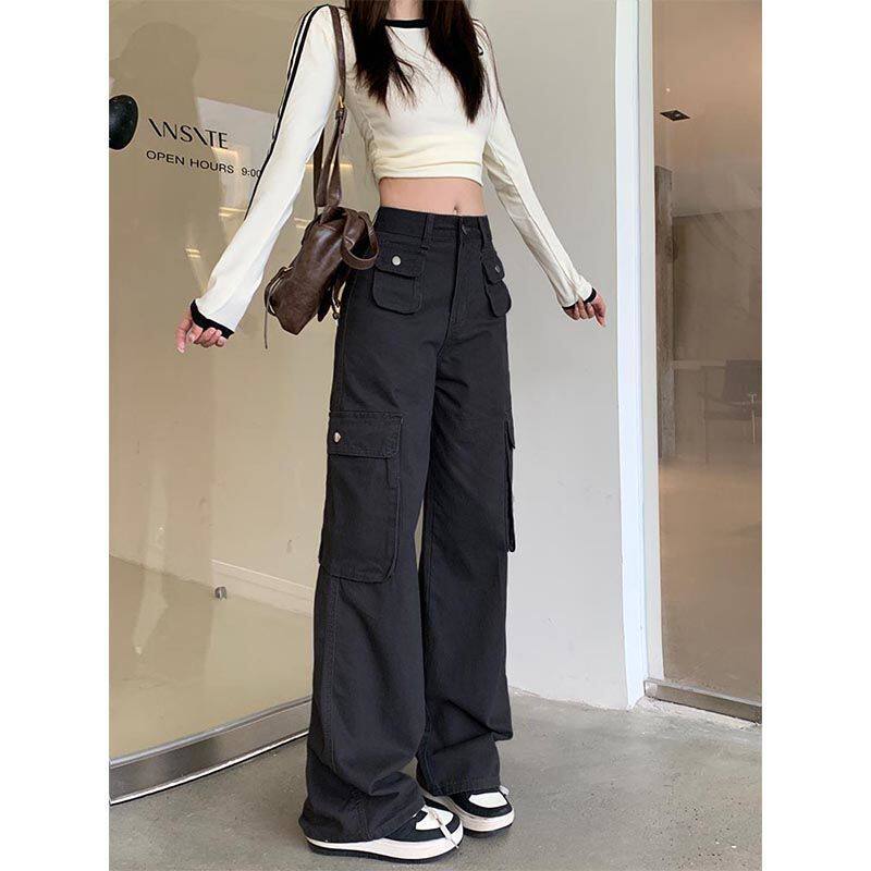 宽松阔腿裤牛仔裤高腰秋季显瘦垂感拖地裤子工装口袋设计感百搭
