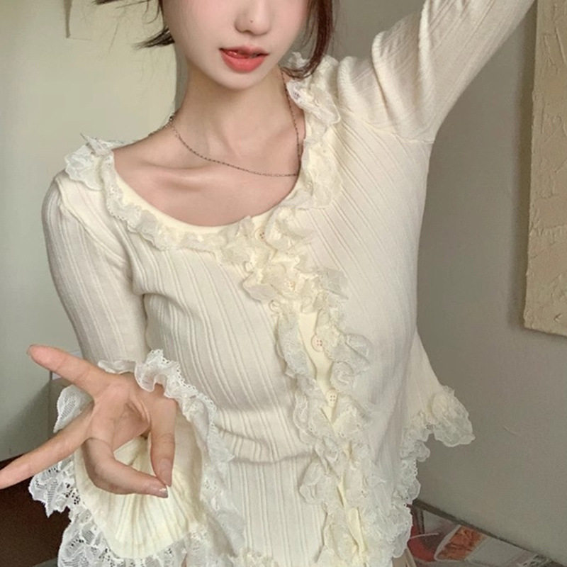 五笔蟹法式蕾丝针织小开衫