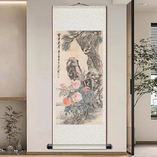 陈半丁富贵寿考图梨花百哥图花鸟画新中式丝绸卷轴挂画书房玄关