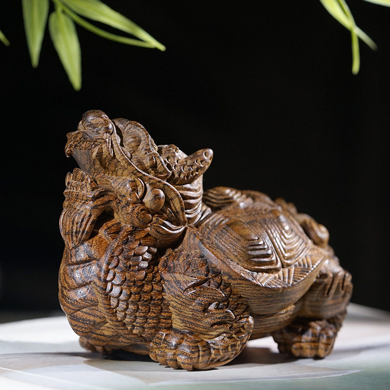 虎皮檀木雕开线龙龟摆件实木质玄武龙头龟鳄龙龟红木工艺小件木作