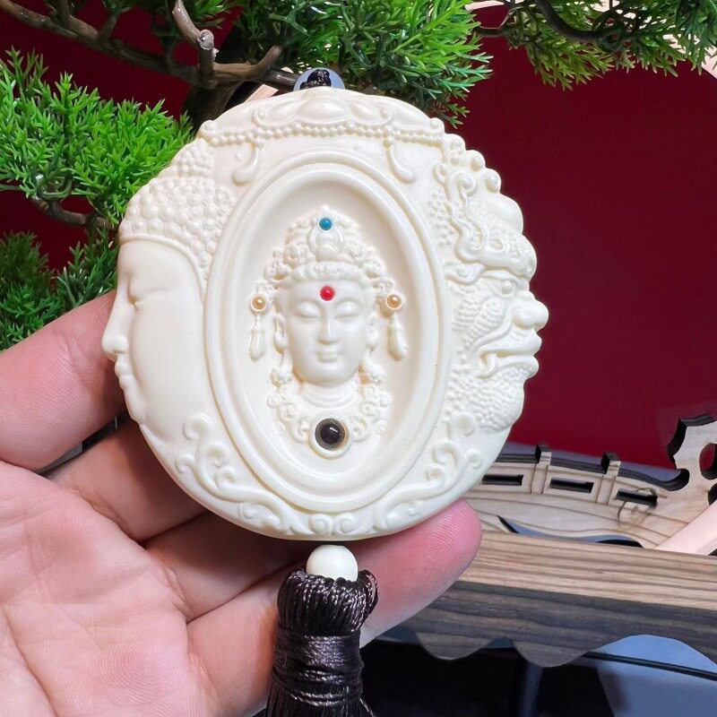 象牙果一念之间双面雕刻心经版投影汽车内饰流苏挂件观音佛魔批发