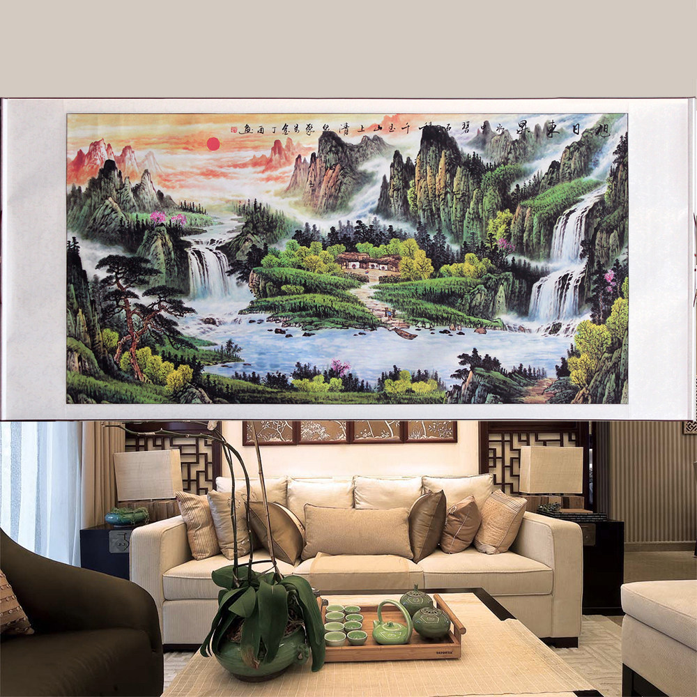 聚宝盆山水迎客松 瀑布泰山日出龙脉 靠山客厅画写意风水字画国画