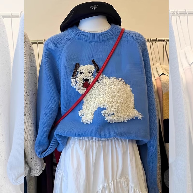 韩系慵懒风蓝色小狗套头圆领毛衣女秋冬软糯奶fufu外穿针织衫上衣