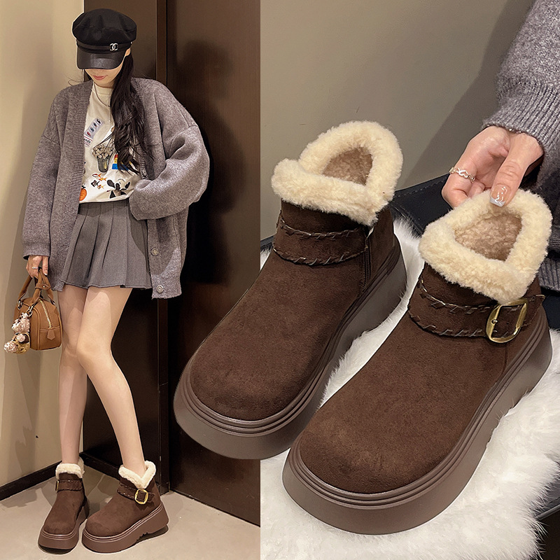 加绒加厚短靴松糕保暖棉鞋子女2025冬季新款小个子厚底增高雪地靴