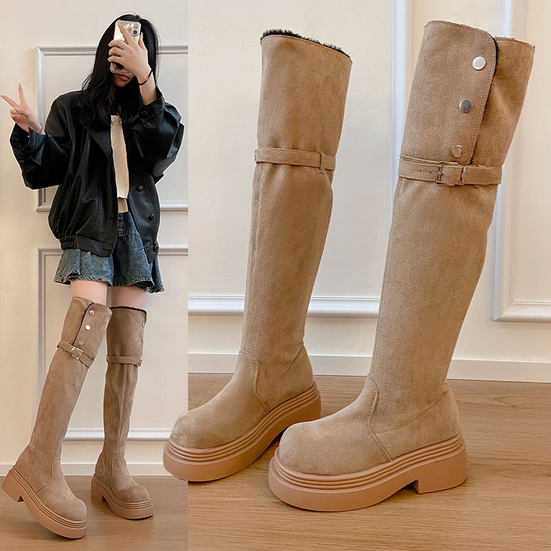 厚底长筒靴女2025冬季新款过膝绒面加绒长靴子显瘦高筒保暖骑士靴