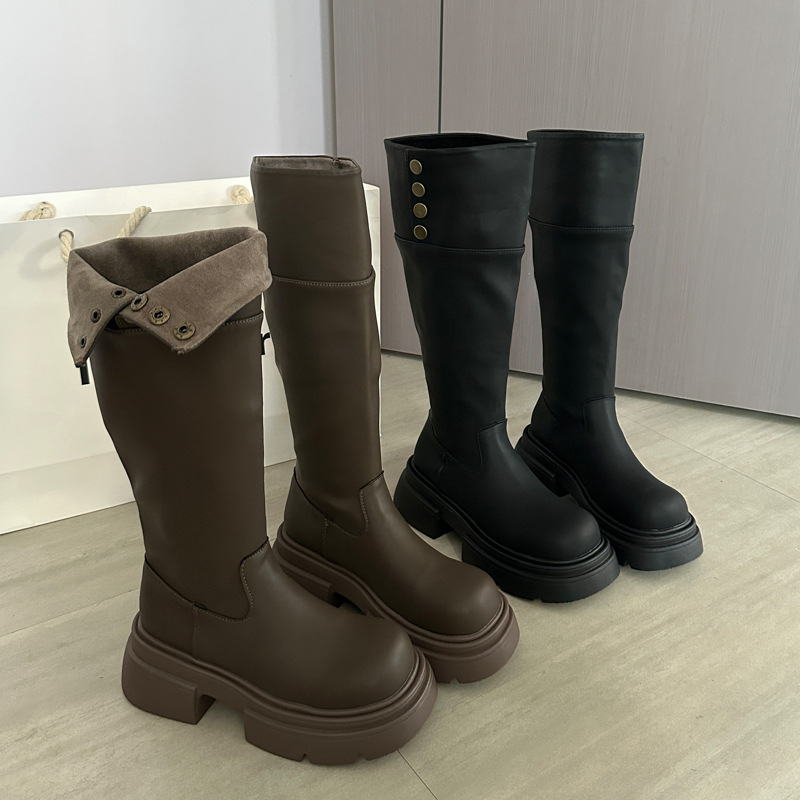 美式复古百搭长筒靴女2025秋冬新款黑色增高粗跟厚底显瘦骑士靴子