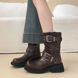 复古拉德骑士靴女棕色新款 靴子秋冬马丁短靴西部中筒牛仔黑色