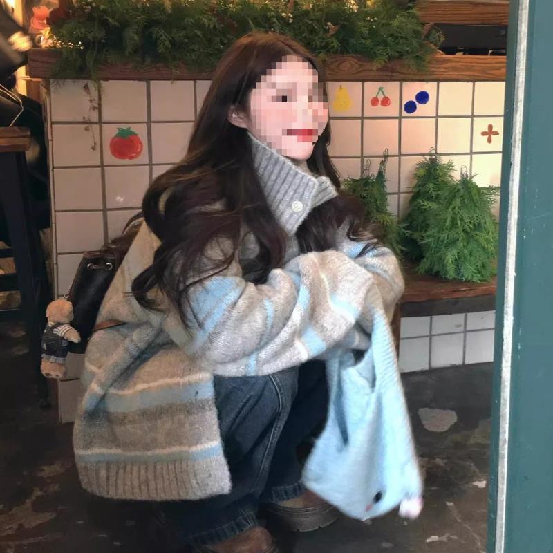 甜美软糯风高领条纹毛衣外套女冬季新款宽松显瘦百搭针织开衫上衣