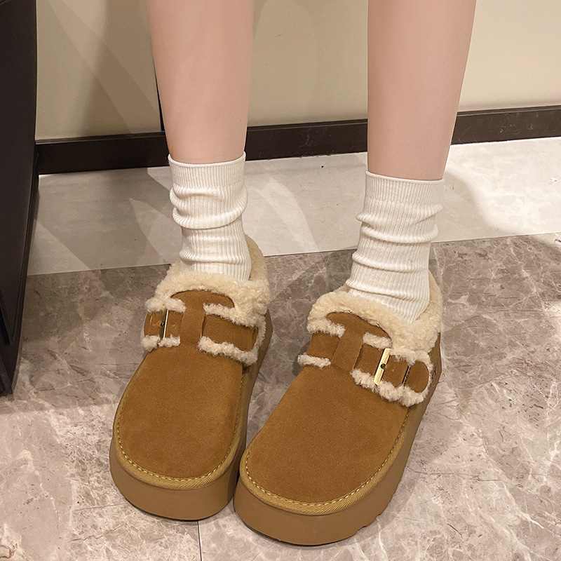 厚底复古勃肯鞋女2025年新款皮带扣加绒加厚懒人一脚蹬毛毛棉鞋子