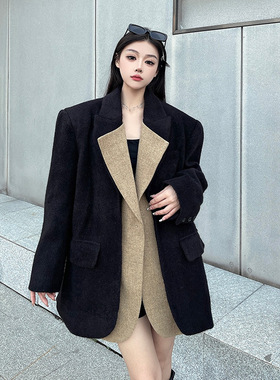 英伦黑色加厚毛呢西装外套女冬季高级感宽松撞色拼色外搭呢子大衣