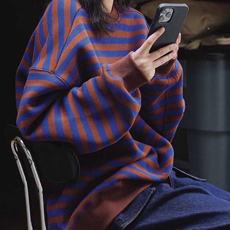 薄款胖mm-斤大码条纹无帽卫衣女秋冬加绒加厚宽松中长款上衣