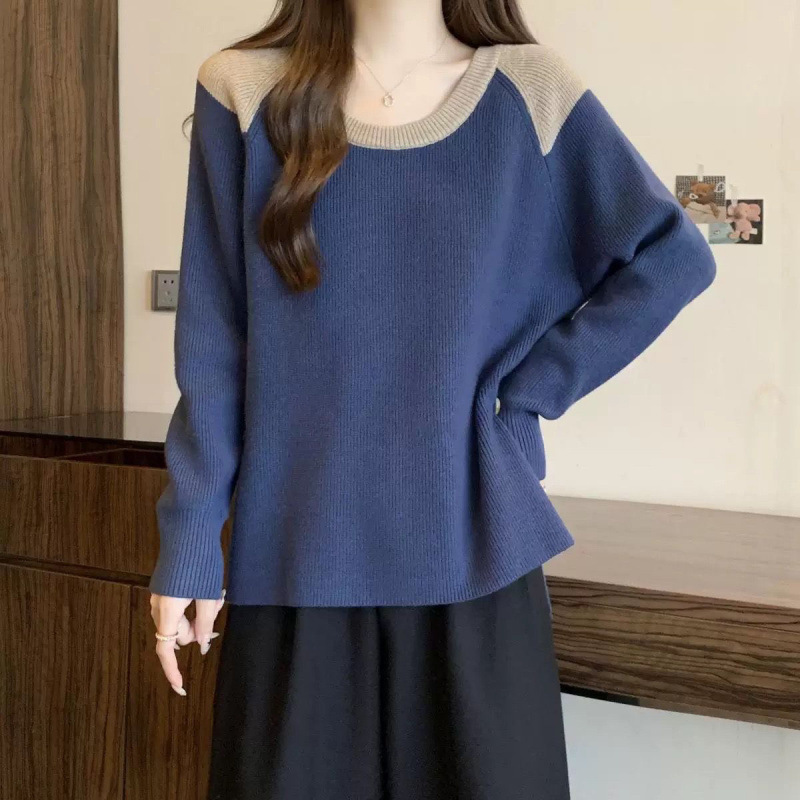 大码女装【-斤】设计感拼色毛衣女秋冬宽松针织上衣