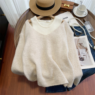 软糯慵懒风露肩毛衣两件套女秋冬宽松外穿叠穿针织上衣时髦套装 女