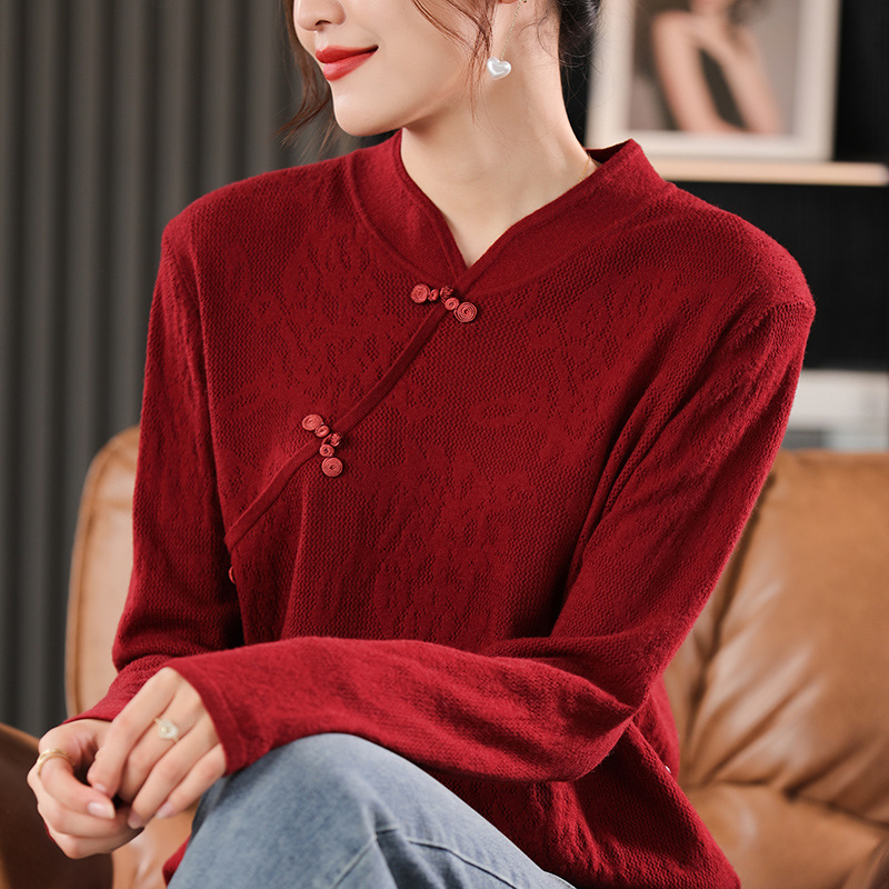 复古国风改良新中式立领针织衫旗袍领长袖衬衫上衣薄款毛衣小衫