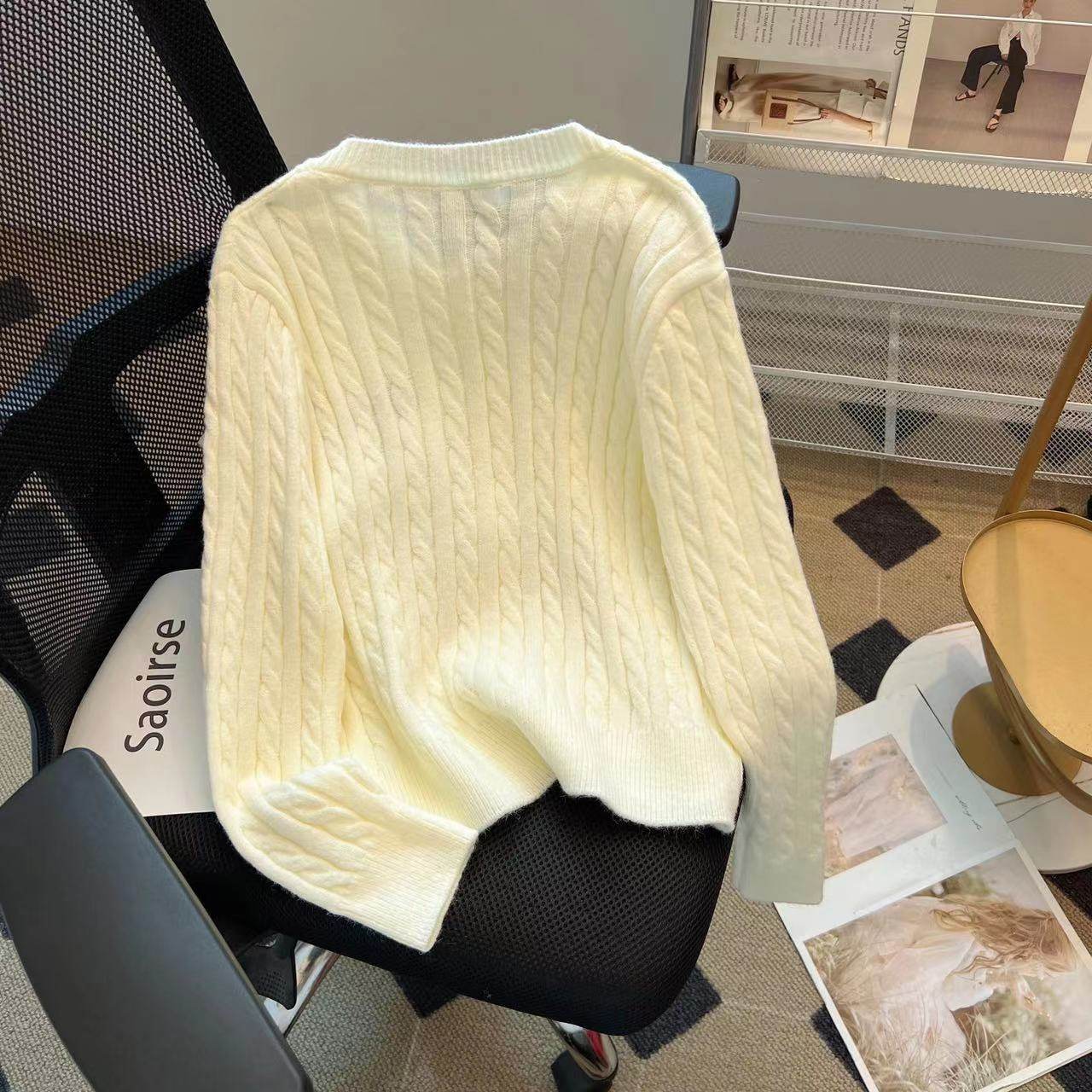 新品圆领蝴蝶结开衫女春秋小个子麻花针织衫甜美新品短款上衣