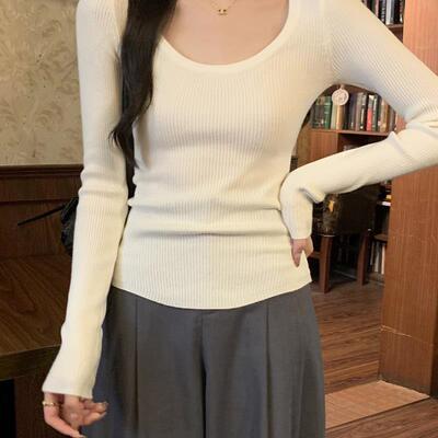 法式领优雅针织衫女秋冬时髦坑条修身内搭毛衣洋气百搭打底上衣
