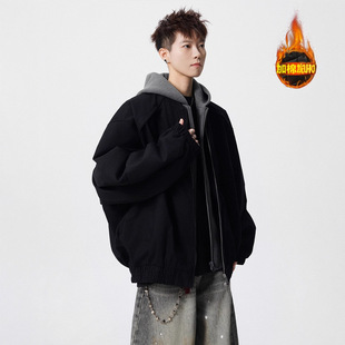 假两件连帽加厚棉衣外套男秋冬新款美式街头痞帅休闲黑色飞行夹克