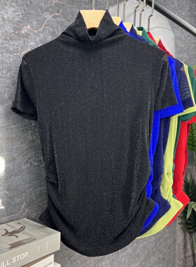 原创设计20267春季新款女装时尚亮丝网纱高领半袖t恤褶皱遮肚短款