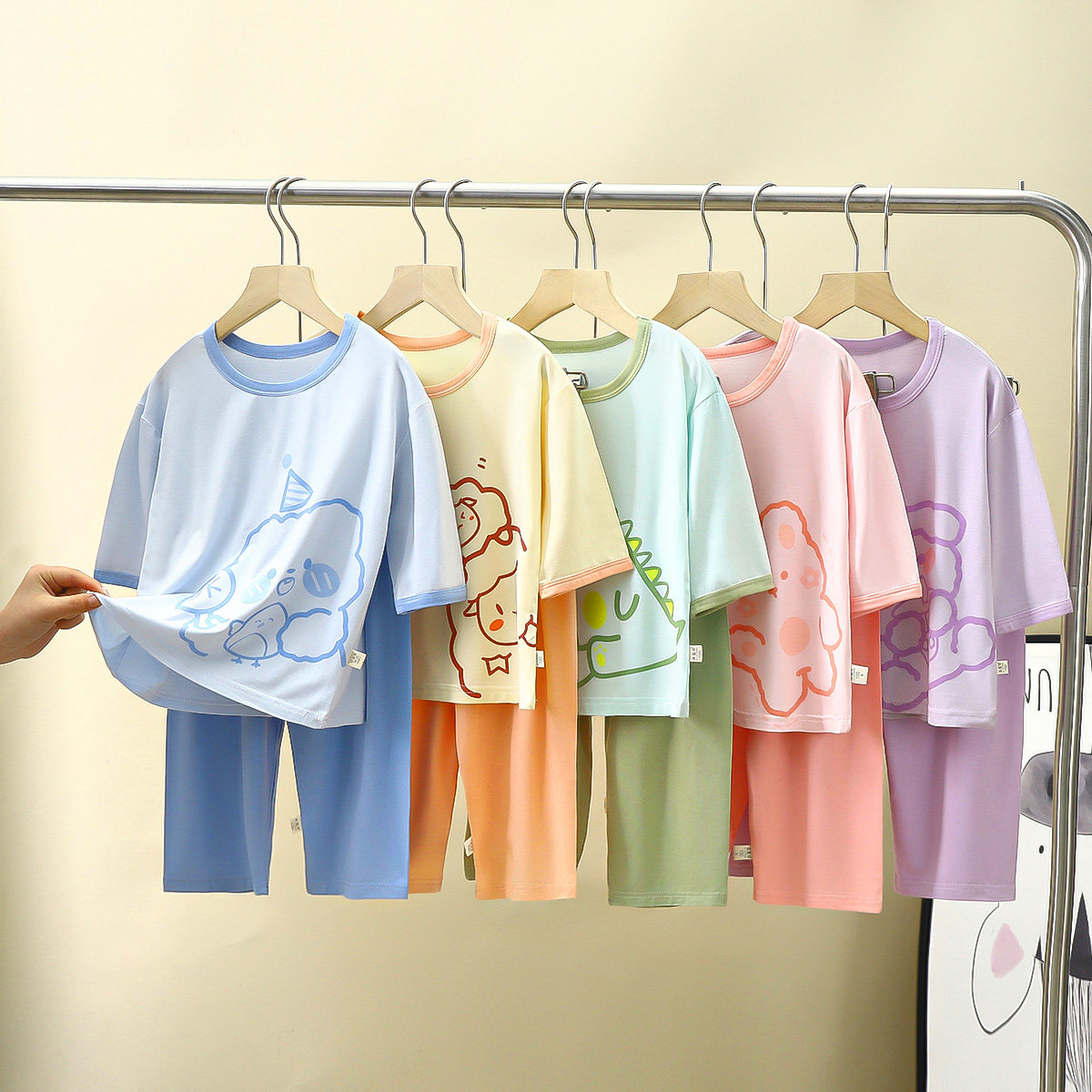 夏季儿童莫代尔家居服新款七分袖睡衣夏天空调服男女孩轻薄透气