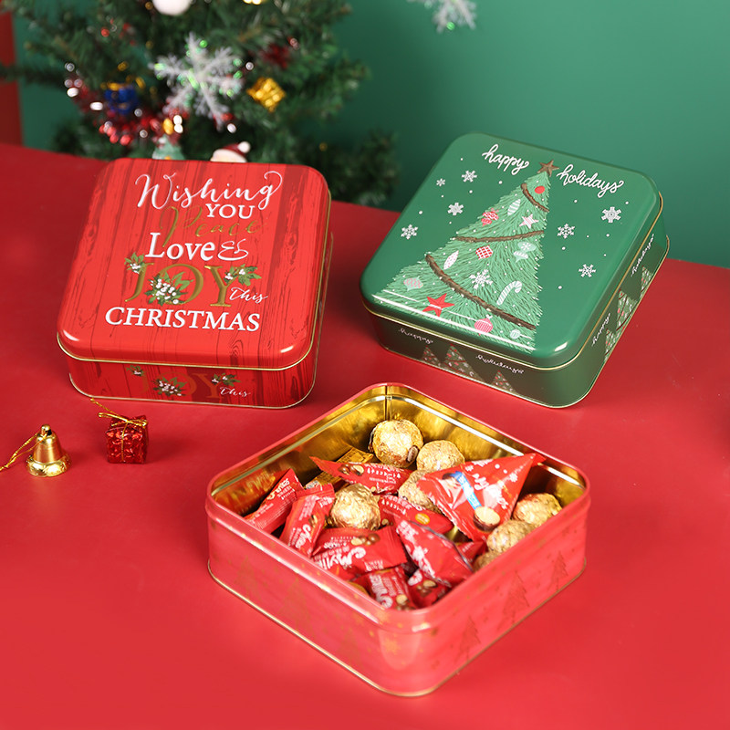 圣诞节曲奇饼干包装盒正方形马口铁盒零食巧克力创意礼品盒空盒子