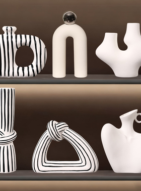 北欧简约条纹陶瓷花瓶摆件创意家居电视柜酒柜抽象艺术装饰品摆设