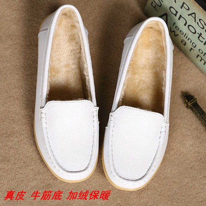 秋冬女真皮棉鞋加绒保暖豆豆鞋休闲棉皮鞋孕妇妈妈女鞋平底护士鞋