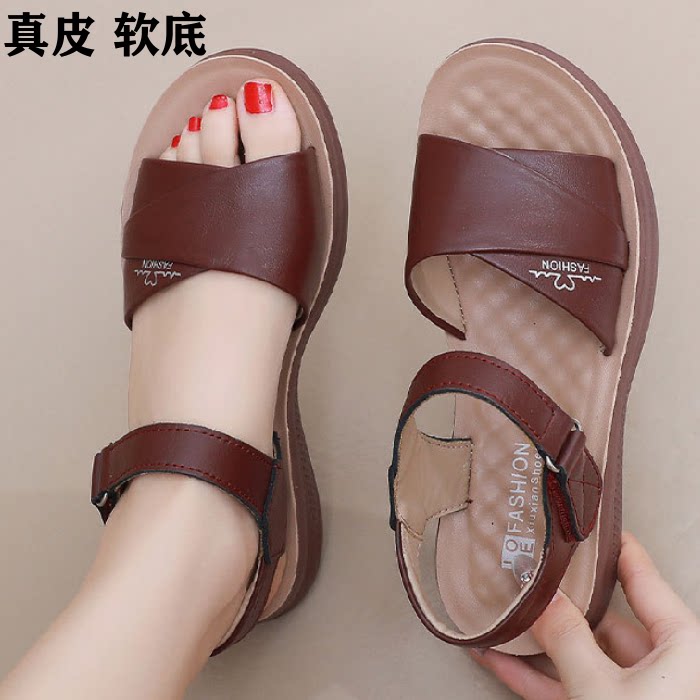 真皮软底平底沙滩妈妈凉鞋
