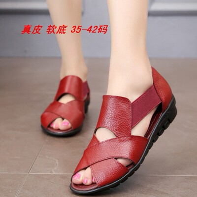 大码真皮平跟镂空中老年鱼嘴鞋