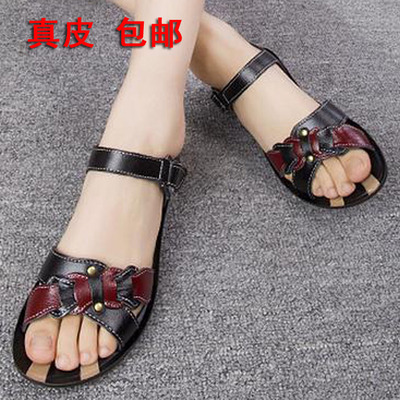 夏季大码真皮平跟软底中老年凉鞋