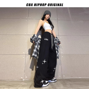 跨境绣花裤子黑色刺绣嘻哈直筒运动裤女jazz街舞ins跳舞爵士裤子