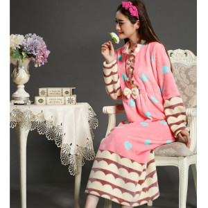 秋冬加厚大码法兰绒珊瑚绒长袖长睡裙女开扣公主甜美睡衣家居孕妇