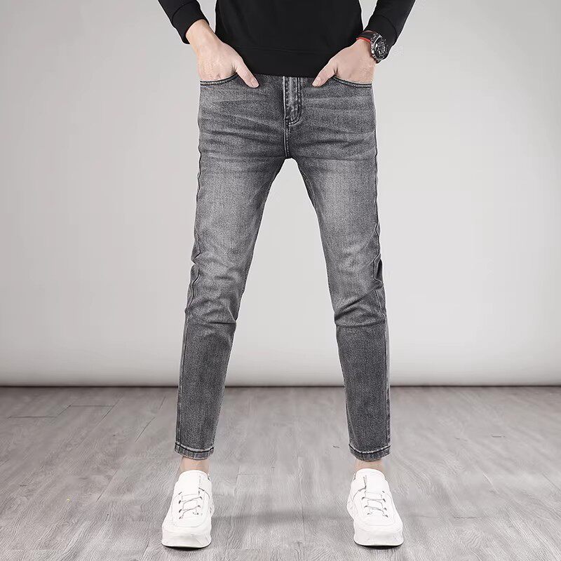高端烟灰色九分牛仔裤男2026春季新款9分裤弹力修身小脚休闲裤